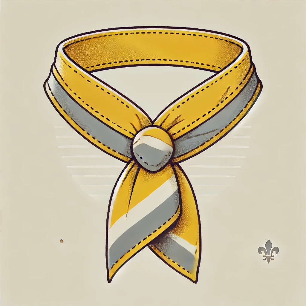 DALL·E 2024 09 15 20.30.42 A simple clean illustration of a yellow and gray scout neckerchief scarf with no background. The scarf is neatly tied and designed with modern min