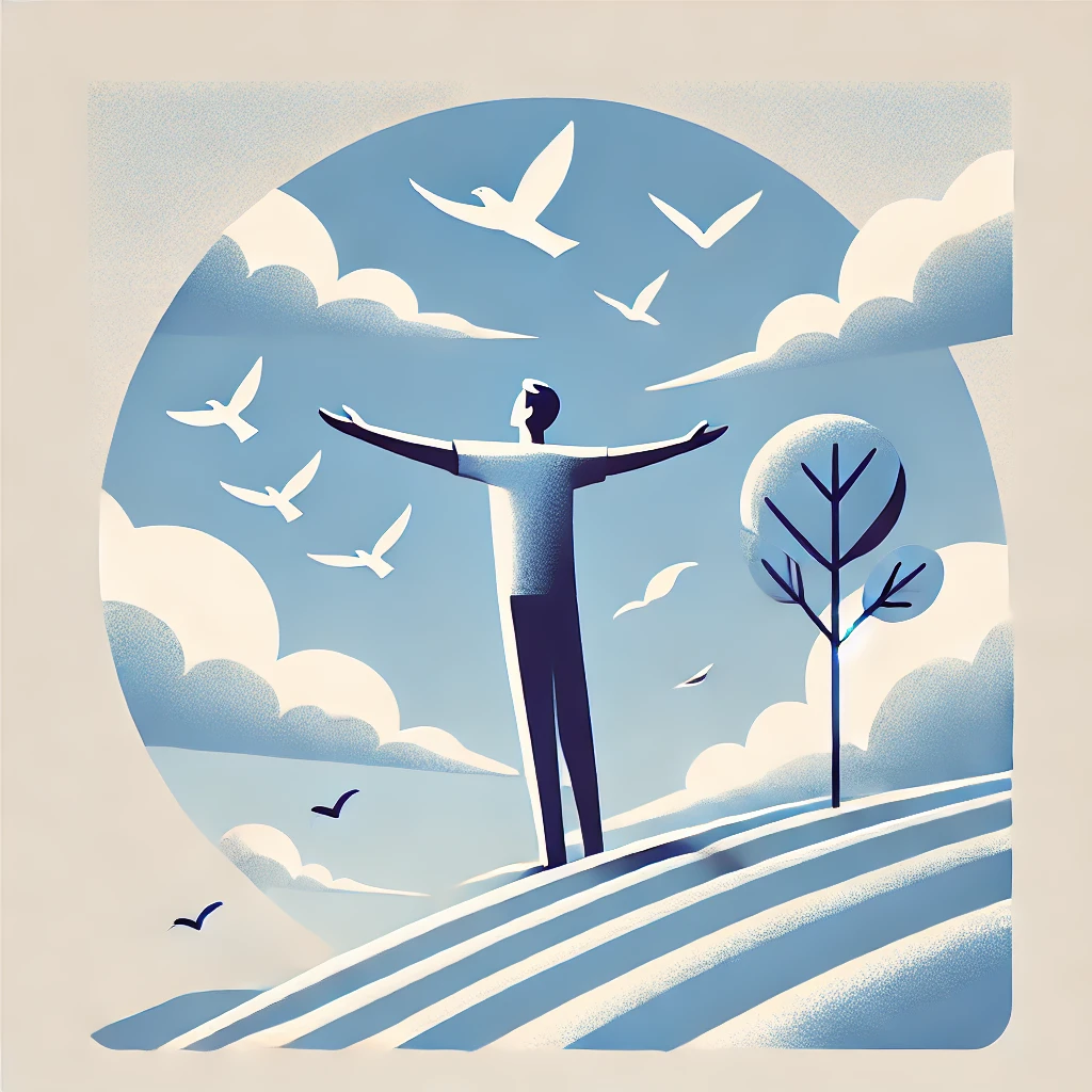 DALL·E 2024 09 15 20.31.57 A symbolic illustration representing freedom. A figure standing with open arms towards the sky symbolizing liberation and choice with birds flying f