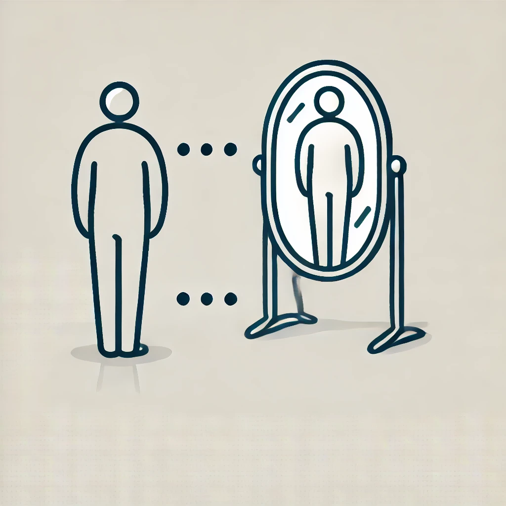 DALL·E 2024 09 15 20.33.57 A symbolic illustration representing honesty. A figure standing in front of a mirror looking at its own reflection with clarity and sincerity. The mi